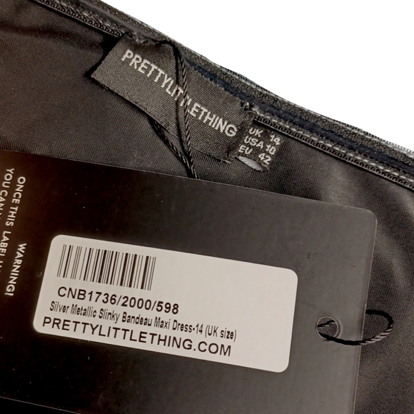 PRETTY LITTLE THING Metallic Silver Slinky Bandeau Stretchy Maxi Dress 10 NWT - Picture 4 of 12